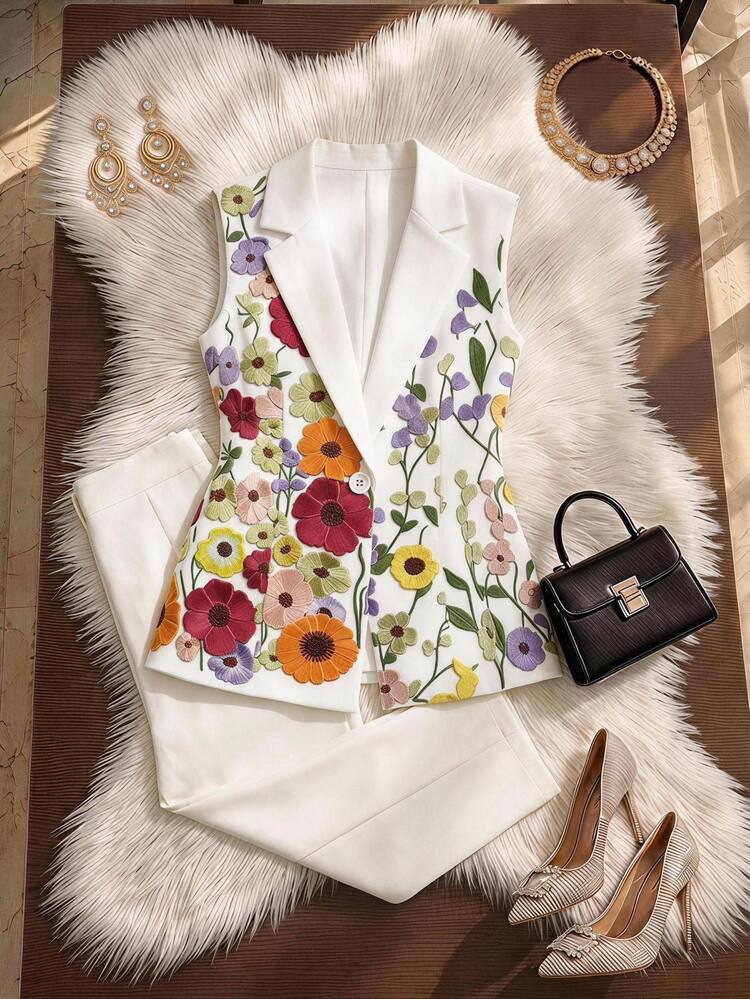 GlowEve CURVE Plus Size Women Floral Embroidery Casual Versatile Commuting Vest Jacket - White - View 3