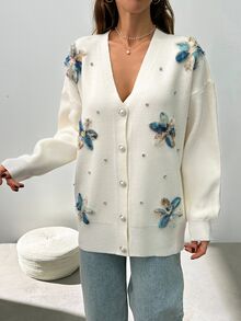 SHEIN Plus Size Woman Appliques And Rhinestones Detailed Button Front 3D Flower Elegant Casual Cardigan Formal Floral White Summer - White - View 3