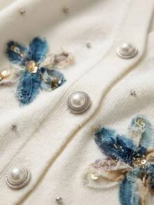 SHEIN Plus Size Woman Appliques And Rhinestones Detailed Button Front 3D Flower Elegant Casual Cardigan Formal Floral White Summer - White - View 8
