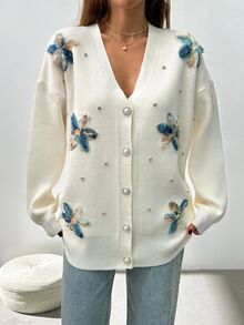 SHEIN Plus Size Woman Appliques And Rhinestones Detailed Button Front 3D Flower Elegant Casual Cardigan Formal Floral White Summer - White - View 4
