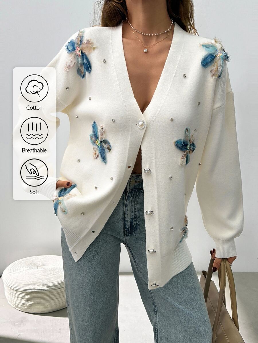 SHEIN Plus Size Woman Appliques And Rhinestones Detailed Button Front 3D Flower Elegant Casual Cardigan Formal Floral White Summer - White - View 1
