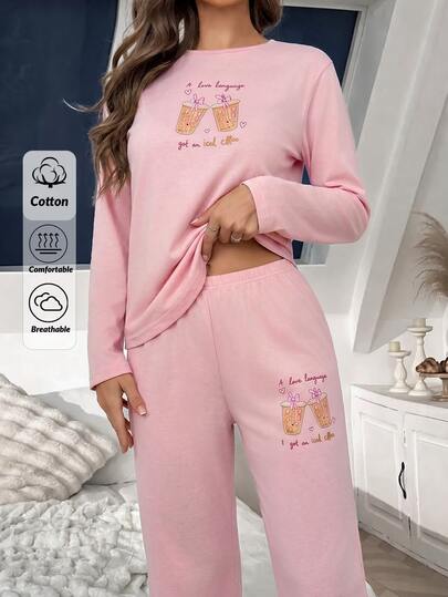 SHEIN Cottnline Cotton Line Women Print Slogan Round Neck Top High Waist Comfy Pants 2 Pcs Pajama Set Lounge Sleep Bright Pink Autumn Cute Casual Graphic Home