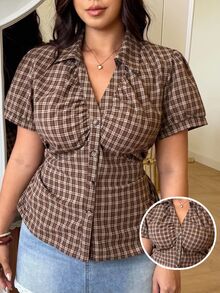 GalTyme Plus Size Summer Casual Plaid Shirt - Brown - View 1