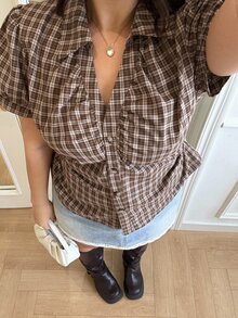 GalTyme Plus Size Summer Casual Plaid Shirt - Brown - View 4
