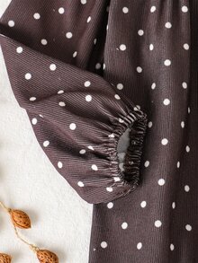 女童棕色波點蕾絲彼得潘領長袖寬鬆荷葉邊公主洋裝 - 咖啡棕 - 查看 11