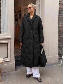 RosyDaze Black Circle Quilted Double-Breasted Long Coat With Oversized Lapel Collar - Black - View 6