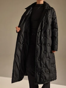 RosyDaze Black Circle Quilted Double-Breasted Long Coat With Oversized Lapel Collar - Black - View 10