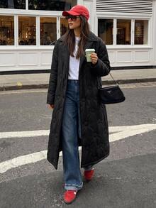 RosyDaze Black Circle Quilted Double-Breasted Long Coat With Oversized Lapel Collar - Black - View 4
