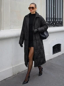 RosyDaze Black Circle Quilted Double-Breasted Long Coat With Oversized Lapel Collar - Black - View 3