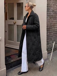RosyDaze Black Circle Quilted Double-Breasted Long Coat With Oversized Lapel Collar - Black - View 7