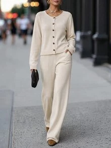 CLARA VERO Cream White Button Palazzo Knit Set, Regular Fit, Beach Brunch Lounge Everyday Walks Minimal Chic Casual Minimalist Elegant Work Days - Beige - View 5