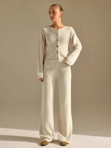 CLARA VERO Cream White Button Palazzo Knit Set, Regular Fit, Beach Brunch Lounge Everyday Walks Minimal Chic Casual Minimalist Elegant Work Days - Beige - View 7