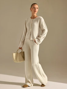 CLARA VERO Cream White Button Palazzo Knit Set, Regular Fit, Beach Brunch Lounge Everyday Walks Minimal Chic Casual Minimalist Elegant Work Days - Beige - View 2