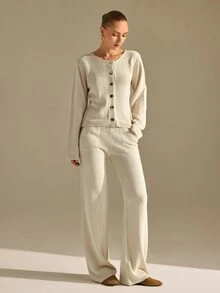 CLARA VERO Cream White Button Palazzo Knit Set, Regular Fit, Beach Brunch Lounge Everyday Walks Minimal Chic Casual Minimalist Elegant Work Days - Beige - View 8