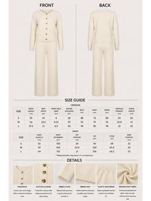 CLARA VERO Cream White Button Palazzo Knit Set, Regular Fit, Beach Brunch Lounge Everyday Walks Minimal Chic Casual Minimalist Elegant Work Days - Beige - View 9