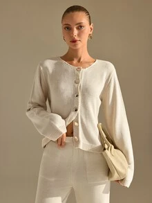 CLARA VERO Cream White Button Palazzo Knit Set, Regular Fit, Beach Brunch Lounge Everyday Walks Minimal Chic Casual Minimalist Elegant Work Days - Beige - View 3