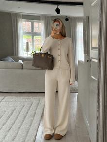 CLARA VERO Cream White Button Palazzo Knit Set, Regular Fit, Beach Brunch Lounge Everyday Walks Minimal Chic Casual Minimalist Elegant Work Days - Beige - View 4