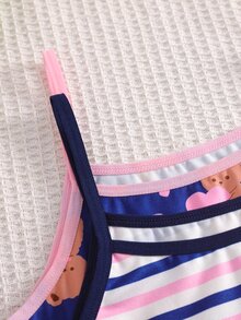 SHEIN 2件組女孩粉色可愛熊蝴蝶結愛心滿版印花蕾絲甜美舒適休閒內衣套裝，包含細肩帶背心與比基尼內褲，秋冬款 - 彩色 - 查看 5