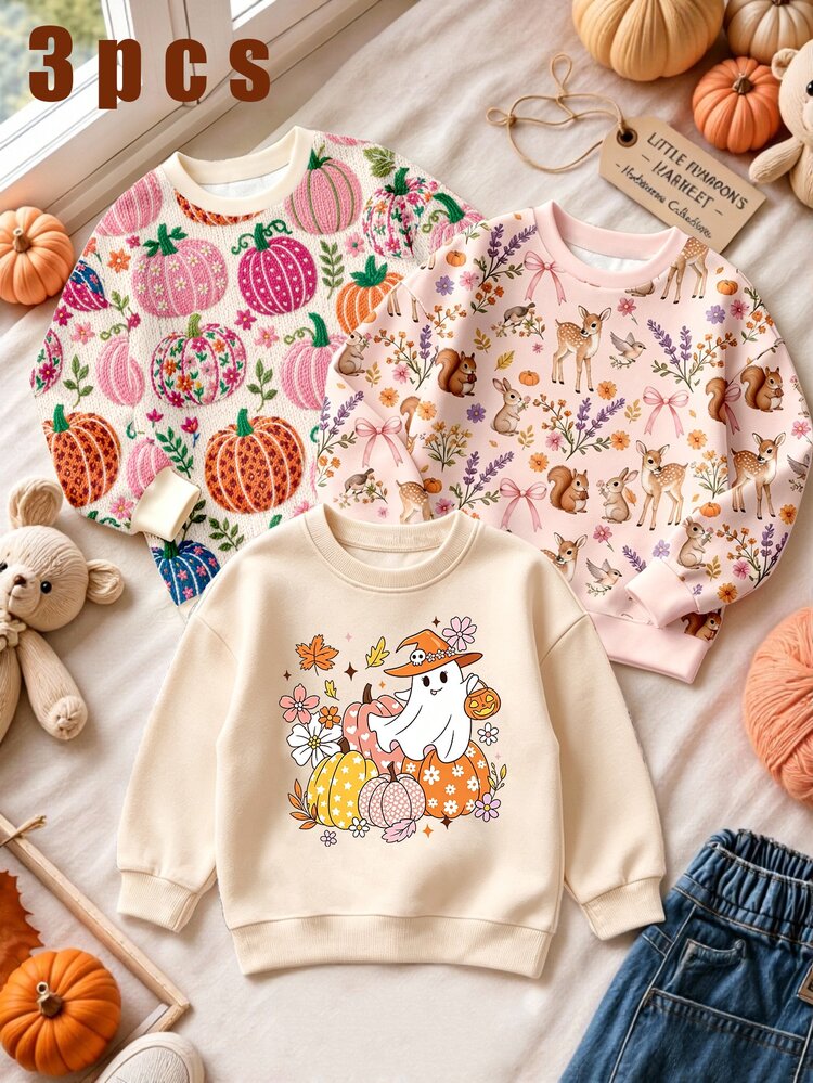 Girls Toddlers Cute Tops, Halloween  3 Sweatshirt Sets, Fashionable Fresh Colorful Pumpkin Floral Animal Ghost Monster Graphic Print New Fall Styles - Multicolor - View 3