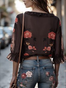 SHEIN LUNE 女款花卉印花百褶休閒浪漫優雅百搭日常穿著襯衫，適合早午餐與外出，棕色花卉秋季款 - 棕色 - 查看 2