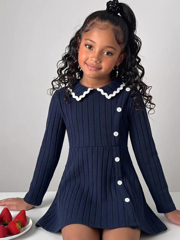 Young Girl Young Girl Casual Daily Navy Blue Button-Up Patchwork Textured Knit Long Sleeve Dress