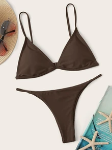 Swim Basics Conjunto de bikini con sujetador de copa triangular en unicolor y fondo de baño de cintura baja para traje de baño de vacaciones en la playa de verano - Café integral - Ver 4
