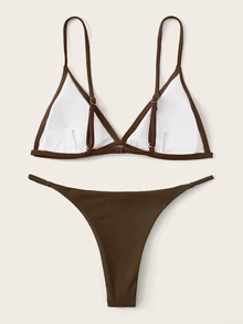 Swim Basics Conjunto de bikini con sujetador de copa triangular en unicolor y fondo de baño de cintura baja para traje de baño de vacaciones en la playa de verano - Café integral - Ver 3