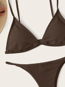 Swim Basics Conjunto de bikini con sujetador de copa triangular en unicolor y fondo de baño de cintura baja para traje de baño de vacaciones en la playa de verano - Café integral - Ver 5