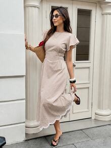 Serisse 女款格紋圓領荷葉邊短袖優雅長洋裝 - 彩色 - 查看 7