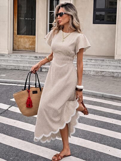 Serisse Vestido largo elegante de mujer con cuello redondo, mangas cortas con volantes y estampado a cuadros