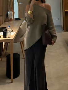 SHEIN 純色不對稱領落肩針織衫 淺灰色 秋季 優雅 早午餐晚餐穿搭 - 綠色 - 查看 4