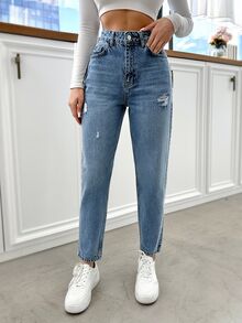 SHEIN Plus High Waist Casual 90s 1960s Style Light Blue Snow Wash Ripped Regular Fit Button Front Mom Jean Dates School College Winter - Medium Wash - View 4