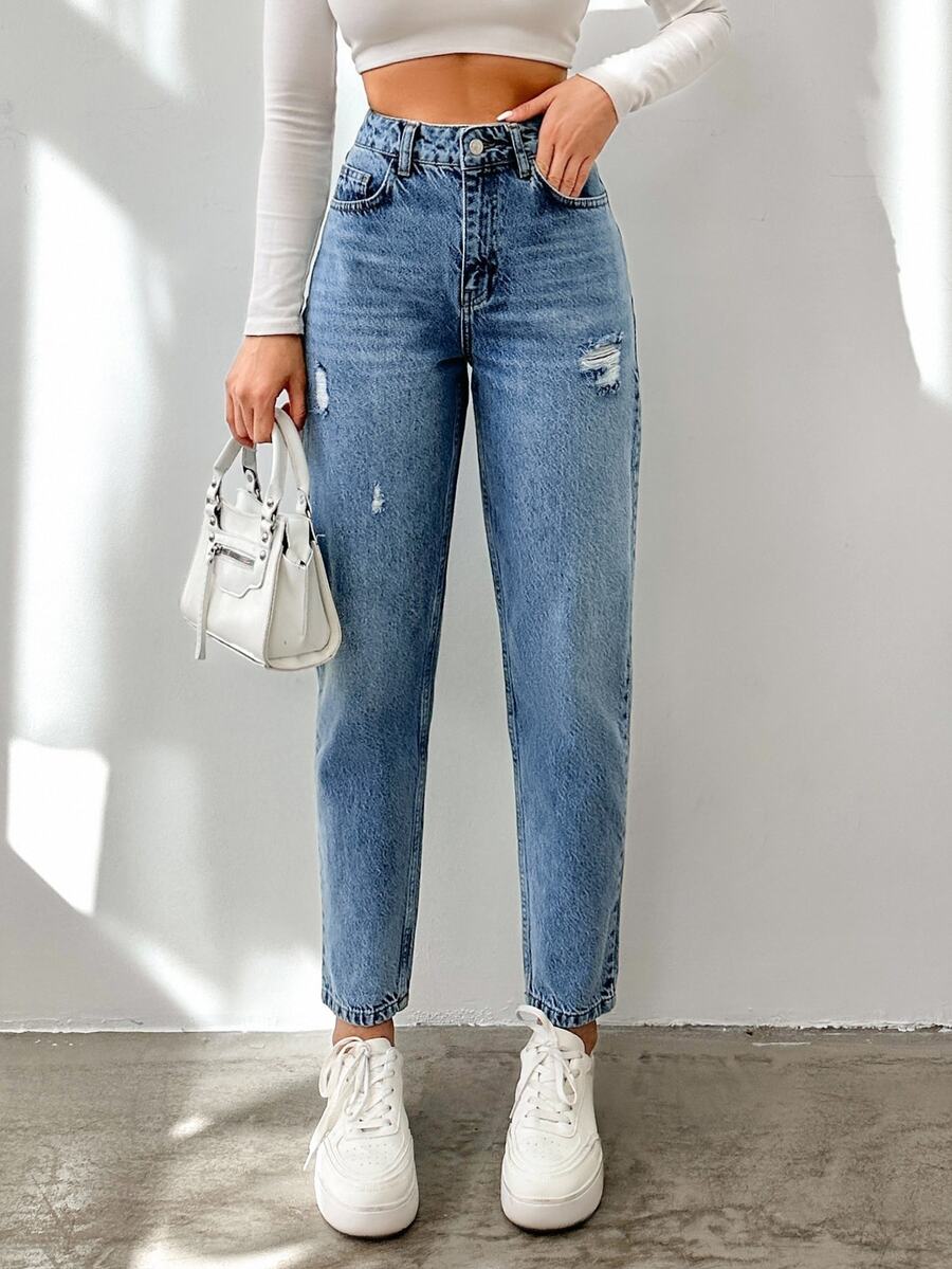 SHEIN Plus High Waist Casual 90s 1960s Style Light Blue Snow Wash Ripped Regular Fit Button Front Mom Jean Dates School College Winter - Medium Wash - View 1