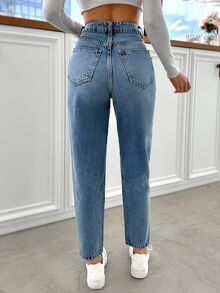 SHEIN Plus High Waist Casual 90s 1960s Style Light Blue Snow Wash Ripped Regular Fit Button Front Mom Jean Dates School College Winter - Medium Wash - View 2