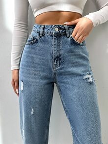 SHEIN Plus High Waist Casual 90s 1960s Style Light Blue Snow Wash Ripped Regular Fit Button Front Mom Jean Dates School College Winter - Medium Wash - View 5