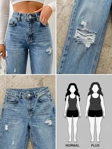SHEIN Plus High Waist Casual 90s 1960s Style Light Blue Snow Wash Ripped Regular Fit Button Front Mom Jean Dates School College Winter - Medium Wash - View 6