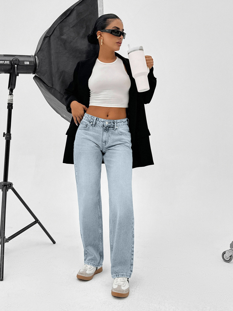 SHEIN Solid Light Blue Casual Wide Leg Denim Pants With Pockets Formal School College Summer - Light Wash - View 4