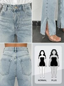 SHEIN جينز مستقيم بخصر عالي مقاس كبير، أزرق فاتح مغسول، بأسلوب تقليدي كاجوال، بأزرار أمامية وحافة مشقوقة، مناسب للمناسبات الرسمية وليالي المواعدة والصيف - أزرق فاتح - مشاهدة 7