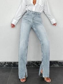 SHEIN جينز مستقيم بخصر عالي مقاس كبير، أزرق فاتح مغسول، بأسلوب تقليدي كاجوال، بأزرار أمامية وحافة مشقوقة، مناسب للمناسبات الرسمية وليالي المواعدة والصيف - أزرق فاتح - مشاهدة 1