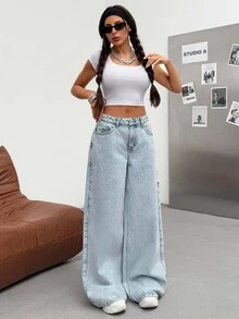 SHEIN Plus jeans med hög midja, avslappnad stil, ljusblå snötvätt, regular fit, körsbärsbrodyr, detaljerad knappslå fram, vida ben, för skola, college, dejtkväll och sommar - Ljustvätt - Visa 6