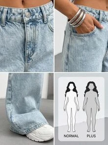 SHEIN Plus jeans med hög midja, avslappnad stil, ljusblå snötvätt, regular fit, körsbärsbrodyr, detaljerad knappslå fram, vida ben, för skola, college, dejtkväll och sommar - Ljustvätt - Visa 7