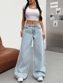 SHEIN Plus jeans med hög midja, avslappnad stil, ljusblå snötvätt, regular fit, körsbärsbrodyr, detaljerad knappslå fram, vida ben, för skola, college, dejtkväll och sommar - Ljustvätt - Visa 5