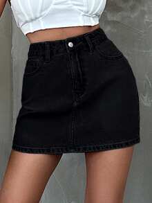 SHEIN Solid Black Casual Denim Mini Skirt With Pockets Formal Brunch Summer - Black - View 3