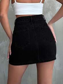 SHEIN Solid Black Casual Denim Mini Skirt With Pockets Formal Brunch Summer - Black - View 2