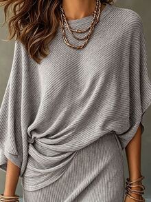 SHEIN 女款春夏灰色優雅日常通勤針織兩件套，純色船領連肩半袖寬鬆套頭上衣搭配彈性腰貼身中長針織裙，夏季穿搭，女款優雅套裝，度假穿搭，辦公服裝 - 灰色 - 查看 4