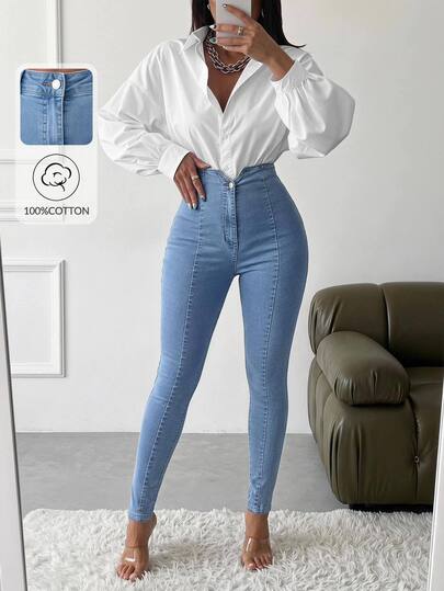 SHEIN Plus Size 70% Cotton High Waist Skinny High Stretch Comfort Fabric Light Wash Casual Jeans
