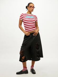 SUMWON WOMEN Striped Crop Slim Fit Tee With Graphic Text Print Front, Short Sleeve Fitted Cropped Top, Summer Y2K Streetwear Style - Red - View 1