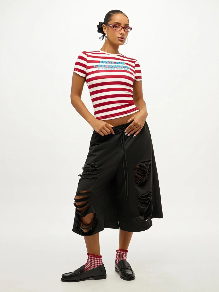 SUMWON WOMEN Striped Crop Slim Fit Tee With Graphic Text Print Front, Short Sleeve Fitted Cropped Top, Summer Y2K Streetwear Style - Red - View 1