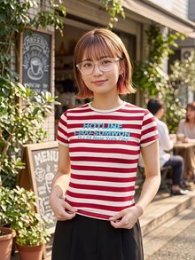 SUMWON WOMEN Striped Crop Slim Fit Tee With Graphic Text Print Front, Short Sleeve Fitted Cropped Top, Summer Y2K Streetwear Style - Red - View 8