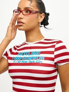 SUMWON WOMEN Striped Crop Slim Fit Tee With Graphic Text Print Front, Short Sleeve Fitted Cropped Top, Summer Y2K Streetwear Style - Red - View 5